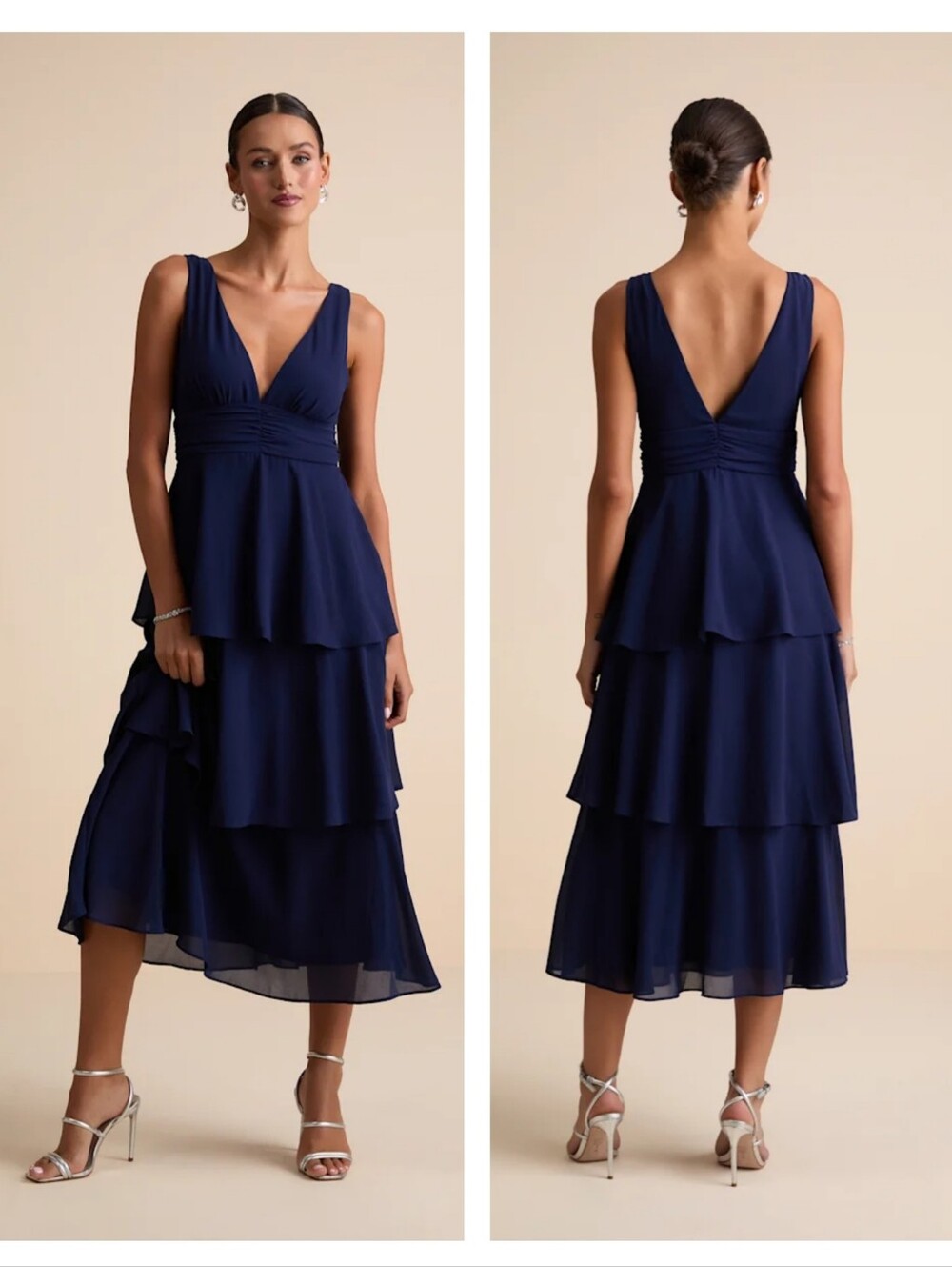Lulus Celebration Time Navy Blue Sleeveless Tiered Midi Dress Large